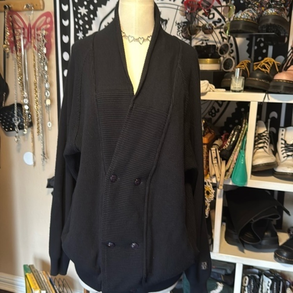 Baffo double breasted sweater vintage; black ribbed fold over collar sz L